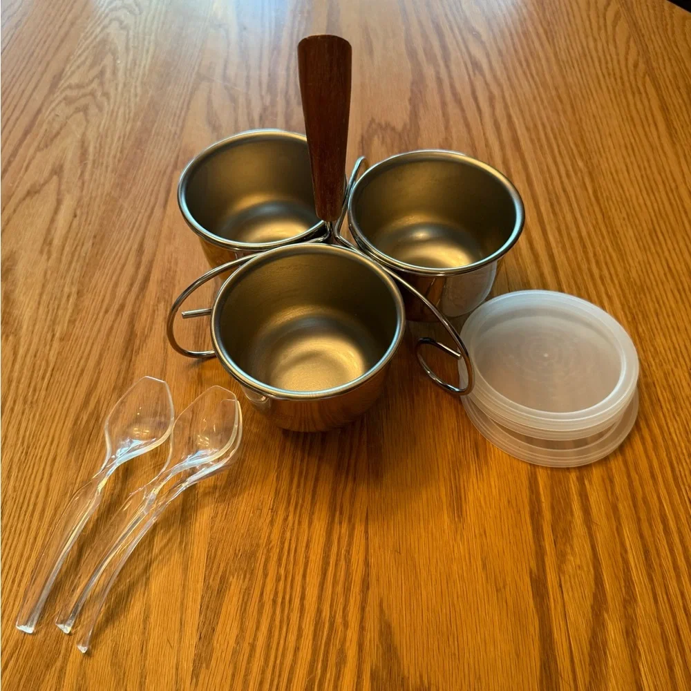 Vintage Stainless Steel Condiment Cups and Holder with Lids and Spoons